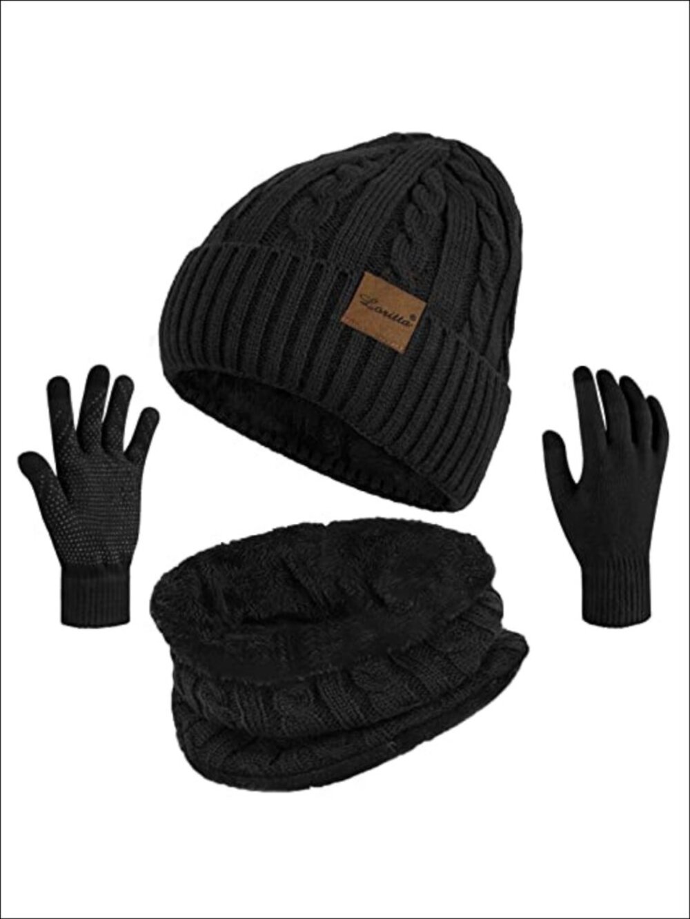 3 Piece Winter Hat Scarf Touch Screen Gloves Set Acrylic Knit Fleece Lined